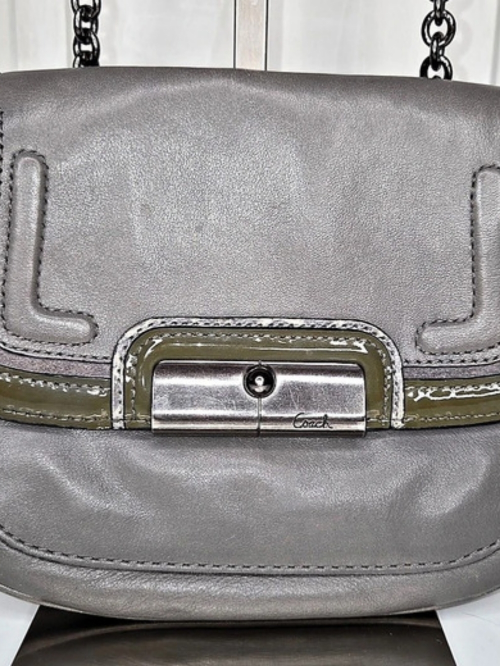 Coach Chain Shoulder Bag in Gray & Olive Green